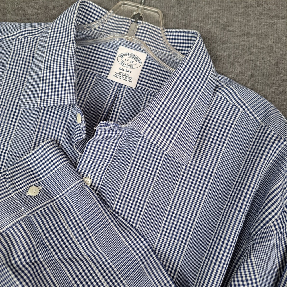 Brooks Brothers Shirt Mens 17 34 Blue Plaid Regent Non-Iron Supima Stretch